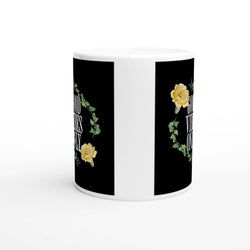 Good Vibes Only slogan mug with yellow roses on black panels, glossy ceramic.
