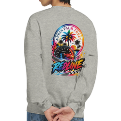 Grey sweatshirt back featuring colorful Redline graphic with tachometer, urban palm trees, and checkered flag for modified car culture.