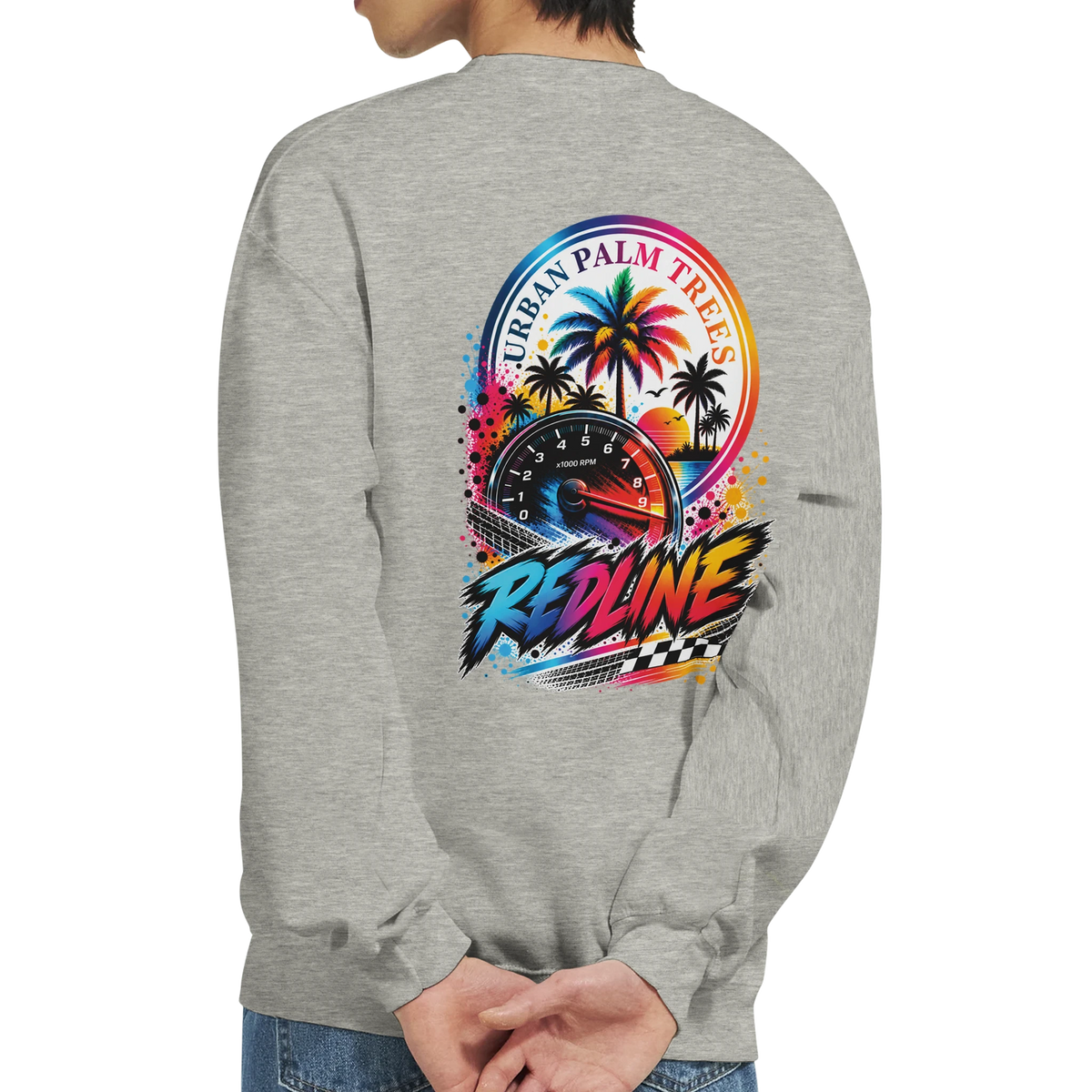 Grey sweatshirt back featuring colorful Redline graphic with tachometer, urban palm trees, and checkered flag for modified car culture.