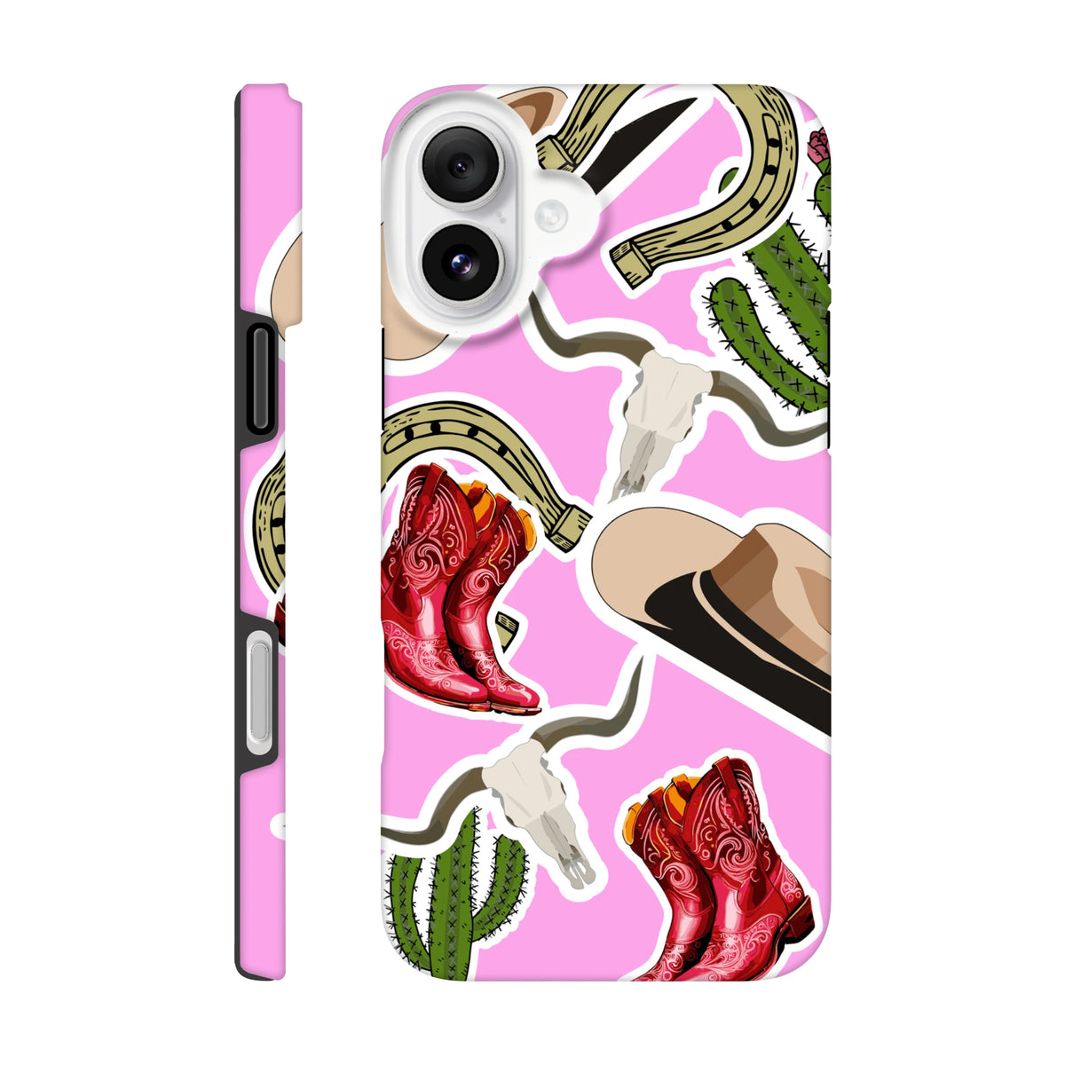 Pink Western iPhone case featuring red cowboy boots, cactus, horseshoe, and longhorn skull designs on a tough protective back.