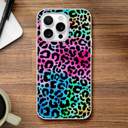 Rainbow leopard-print iPhone case for iPhone 13-16 with a slim matte finish.