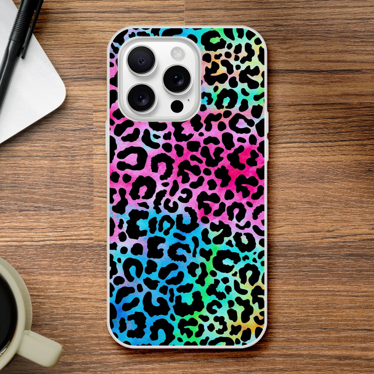 Rainbow leopard-print iPhone case for iPhone 13-16 with a slim matte finish.