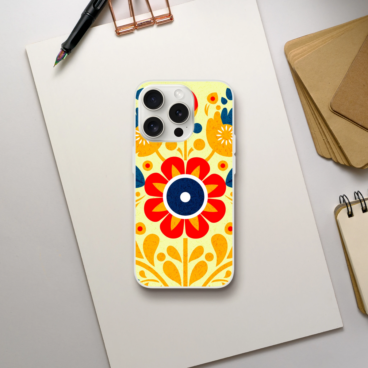 Vintage Floral iPhone case for 13-16 with bold yellow and orange flowers, retro aesthetic.