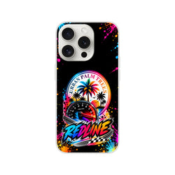Redline iPhone case featuring urban palm trees, tachometer, and colorful paint splatters for petrolheads.