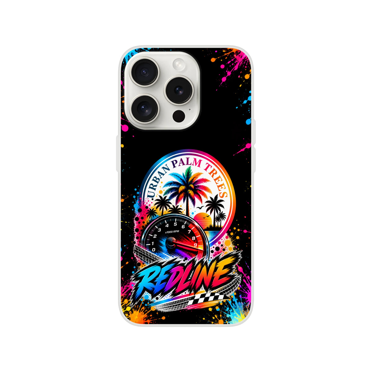 Redline iPhone case featuring urban palm trees, tachometer, and colorful paint splatters for petrolheads.