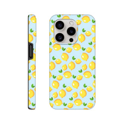 Cute lemon pattern tough iPhone case featuring fresh yellow fruit and green leaves on a light blue wraparound design for iPhone 13-16.