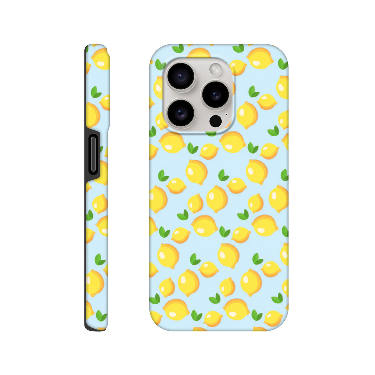 Cute lemon pattern tough iPhone case featuring fresh yellow fruit and green leaves on a light blue wraparound design for iPhone 13-16.