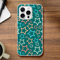 Retro multicolour star iPhone case (13-16) with Y2K aesthetic teal star print, protects against bumps.
