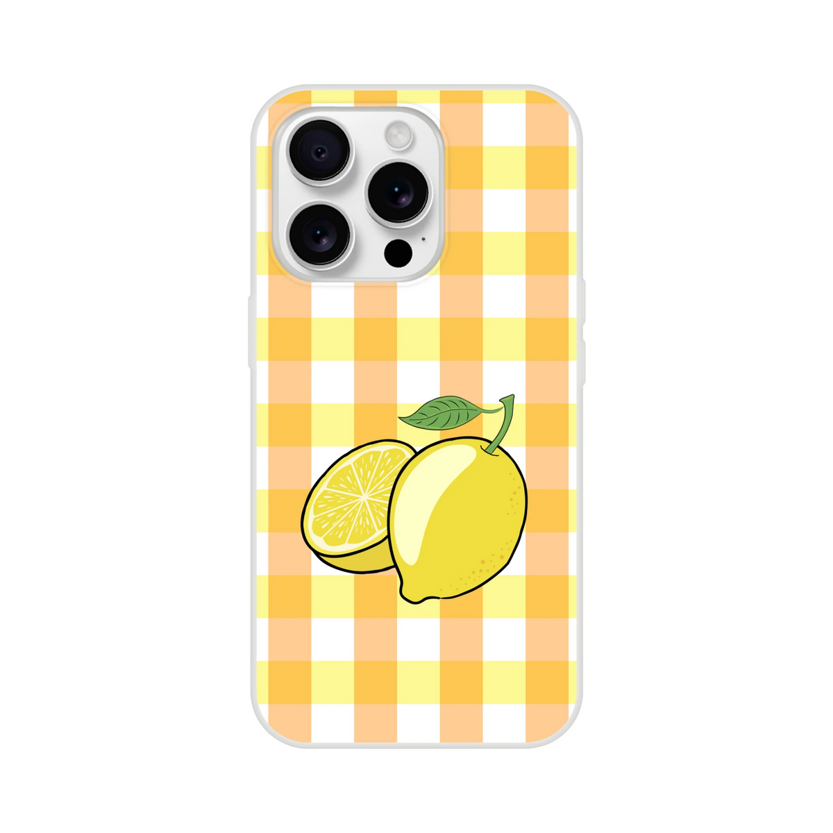 Cute Lemon Gingham iPhone Case for iPhone 13-16 in yellow with lemon illustration.