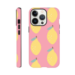 Pink phone case featuring a cute yellow lemon pattern with teal leaves on a pink background, designed for iPhone 13-16 models.