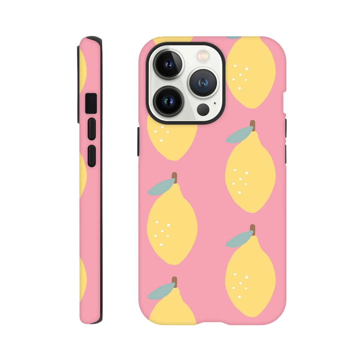Pink phone case featuring a cute yellow lemon pattern with teal leaves on a pink background, designed for iPhone 13-16 models.