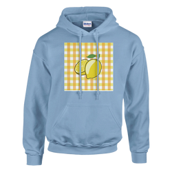Retro lemon gingham hoodie for women with bold yellow lemon graphic on gingham panels, pastel blue pullover.