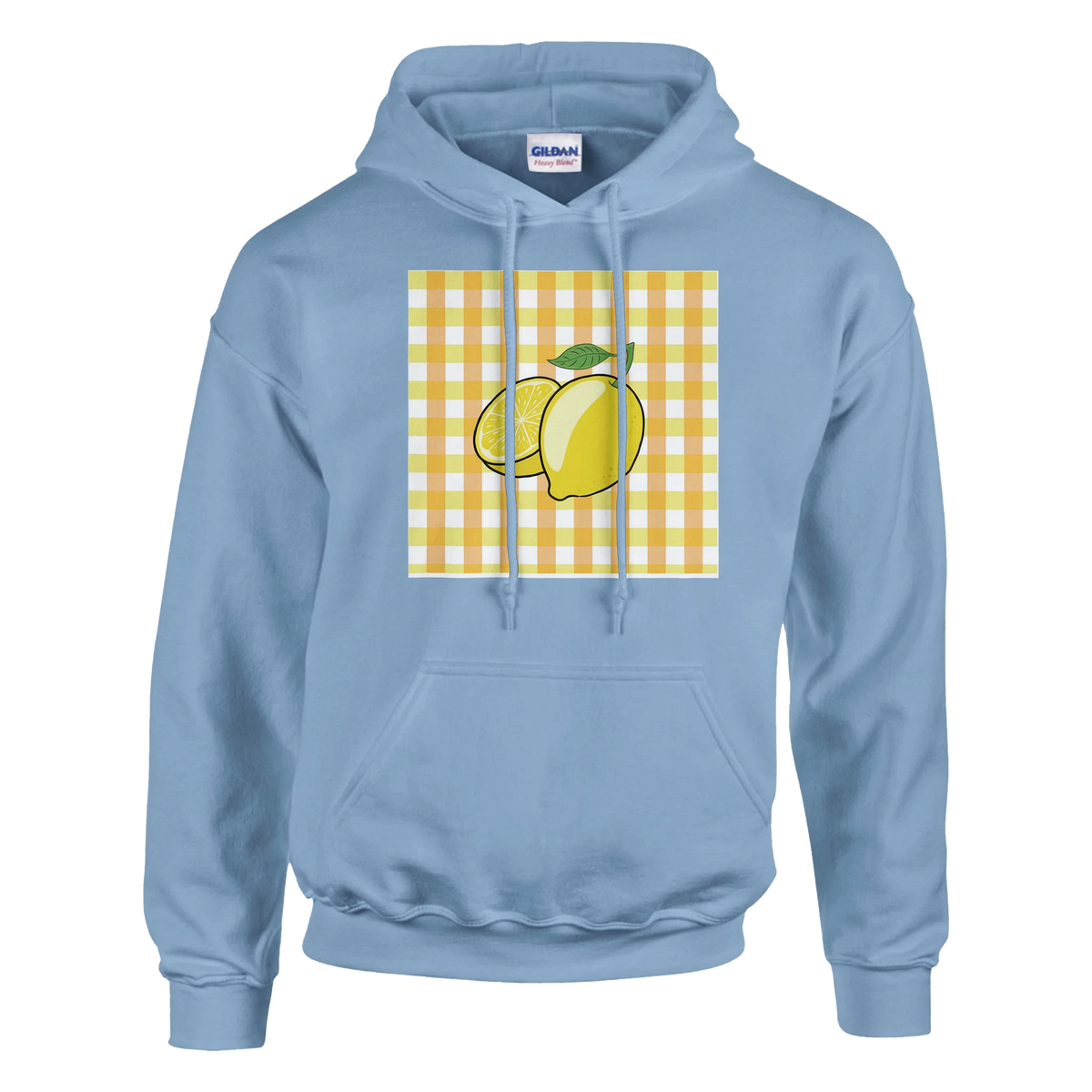 Retro lemon gingham hoodie for women with bold yellow lemon graphic on gingham panels, pastel blue pullover.