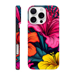 Vibrant pink, orange, and yellow hibiscus flower pattern on a tough iPhone case with wraparound tropical floral design.