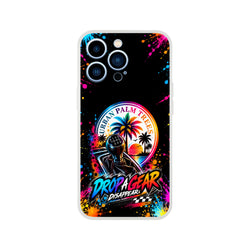 Colorful iPhone case featuring a manual gear shifter, palm trees, and "Drop A Gear" text against a black paint-splatter background.
