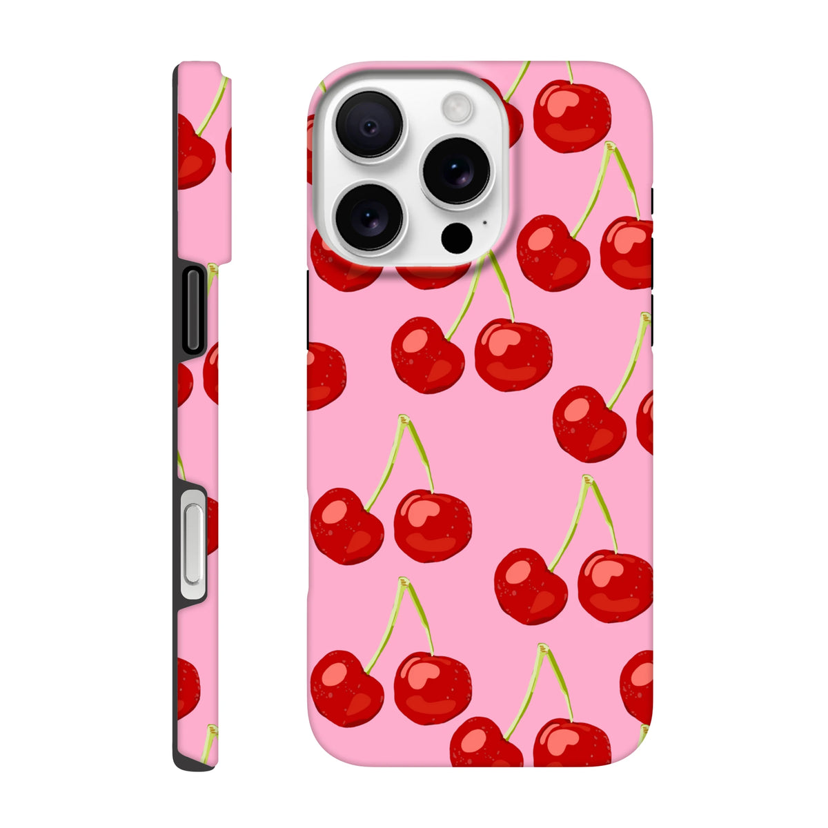 Pink tough iPhone case featuring a cute red cherry pattern with wraparound print on edges for iPhone 13-16.