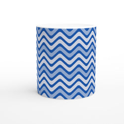 Blue wavy stripe ceramic mug with retro geometric zigzag pattern