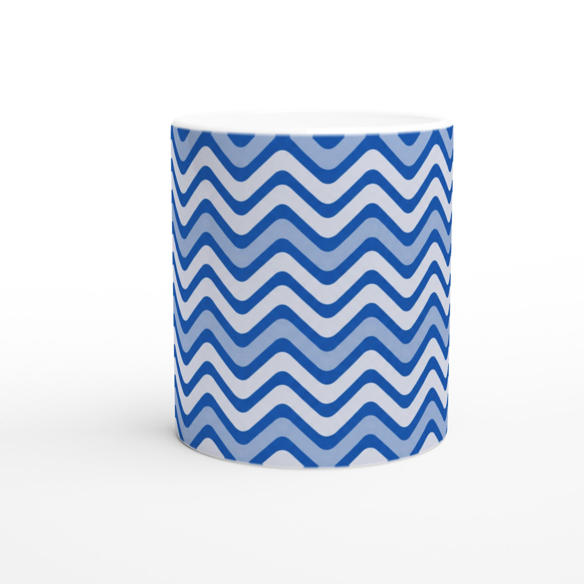 Blue wavy stripe ceramic mug with retro geometric zigzag pattern