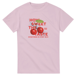 Pink retro t-shirt featuring red cherries and "How Sweet The Taste" graphic text for women.