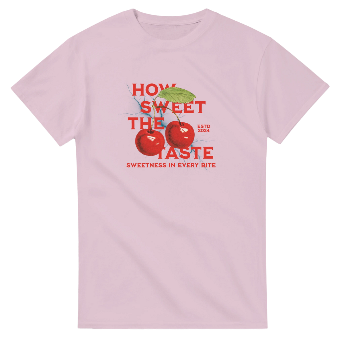 Pink retro t-shirt featuring red cherries and "How Sweet The Taste" graphic text for women.