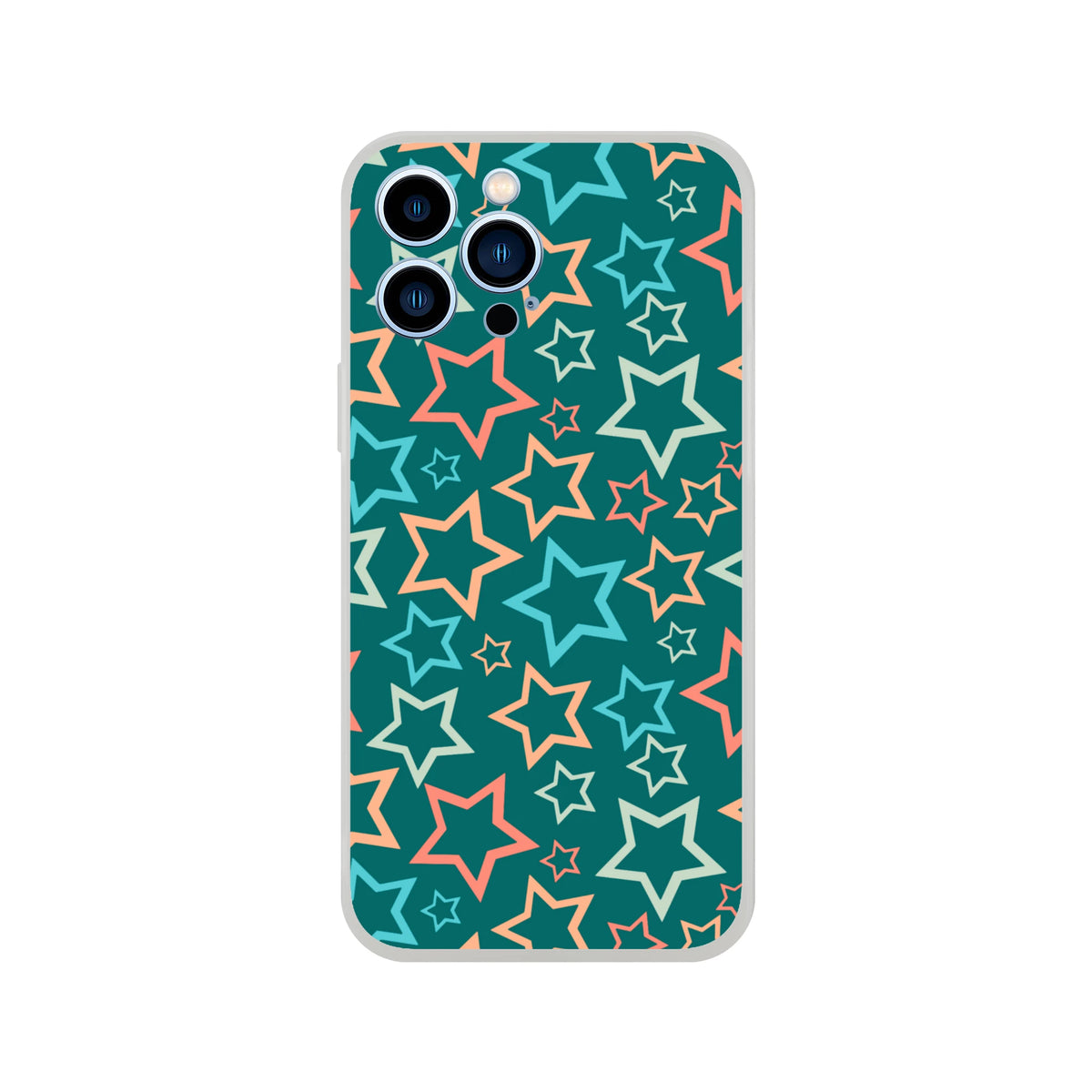 Retro multicolour star-pattern iPhone case for iPhone 13–16 with teal background and protective bumper