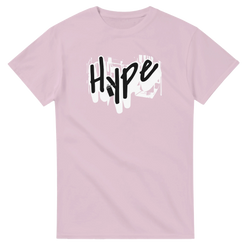 Pink men's streetwear tee featuring bold "HYPE" graffiti graphic with spray can art and dripped paint design.