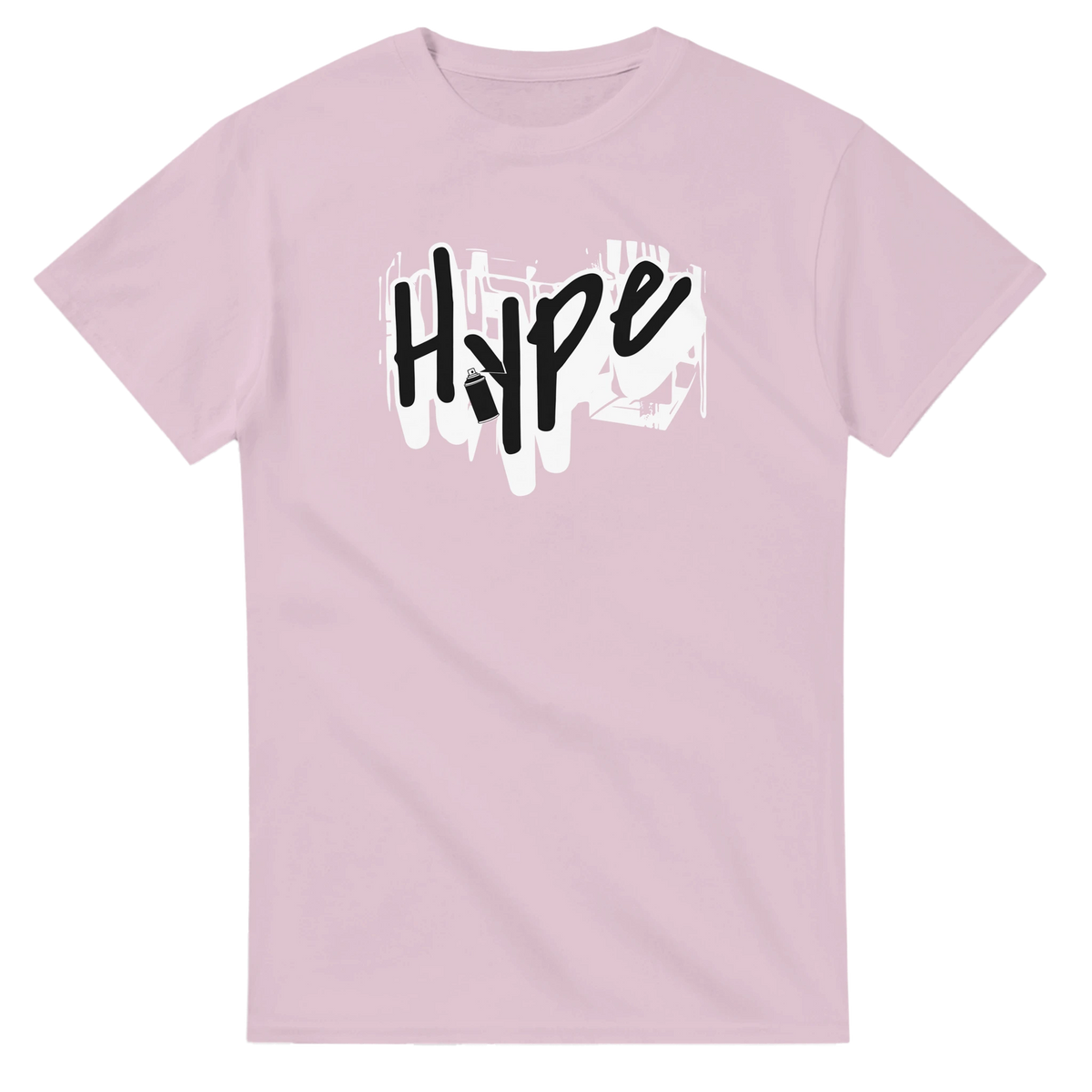 Pink men's streetwear tee featuring bold "HYPE" graffiti graphic with spray can art and dripped paint design.