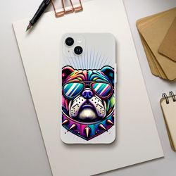 Colorful bulldog with mirrored sunglasses on a transparent slim protective iPhone case for iPhone 13–16.