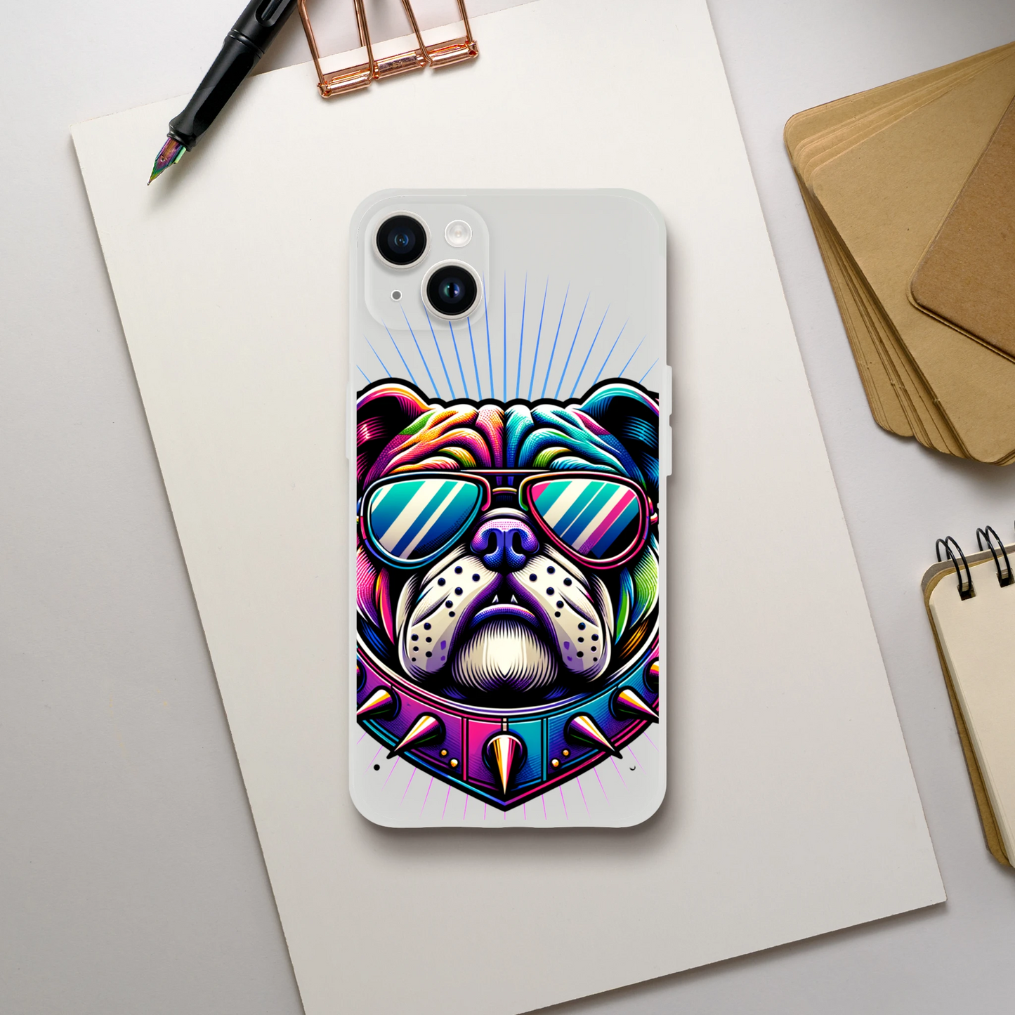 Colorful bulldog with mirrored sunglasses on a transparent slim protective iPhone case for iPhone 13–16.