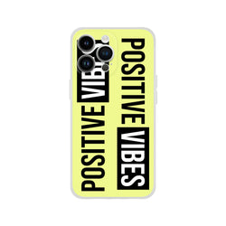 Bright yellow iPhone case for 13-16 with Positive Vibes slogan, slim matte finish, and triple-camera cutouts.