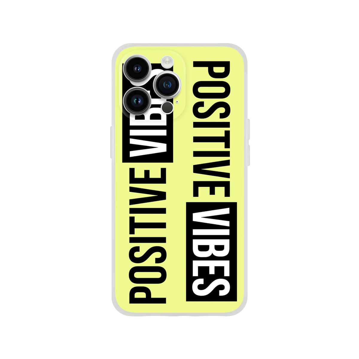 Bright yellow iPhone case for 13-16 with Positive Vibes slogan, slim matte finish, and triple-camera cutouts.