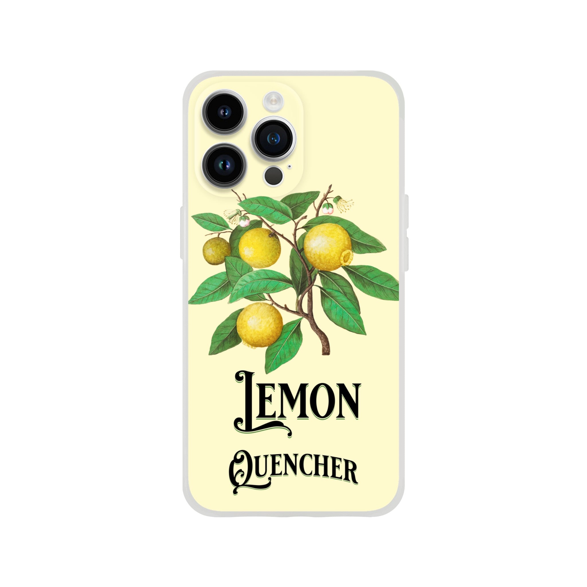 Lemon branch iPhone case on pale yellow, slim protective cover with Lemon Quencher text for iPhone 16/15/14/13
