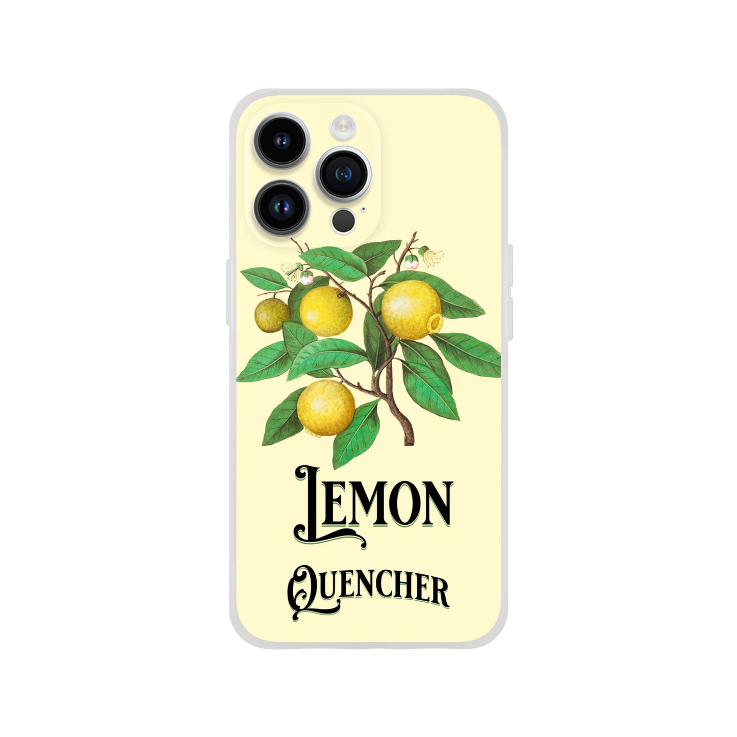 iPhone case with lemon design and 'Lemon Quencher' text on a yellow background 15