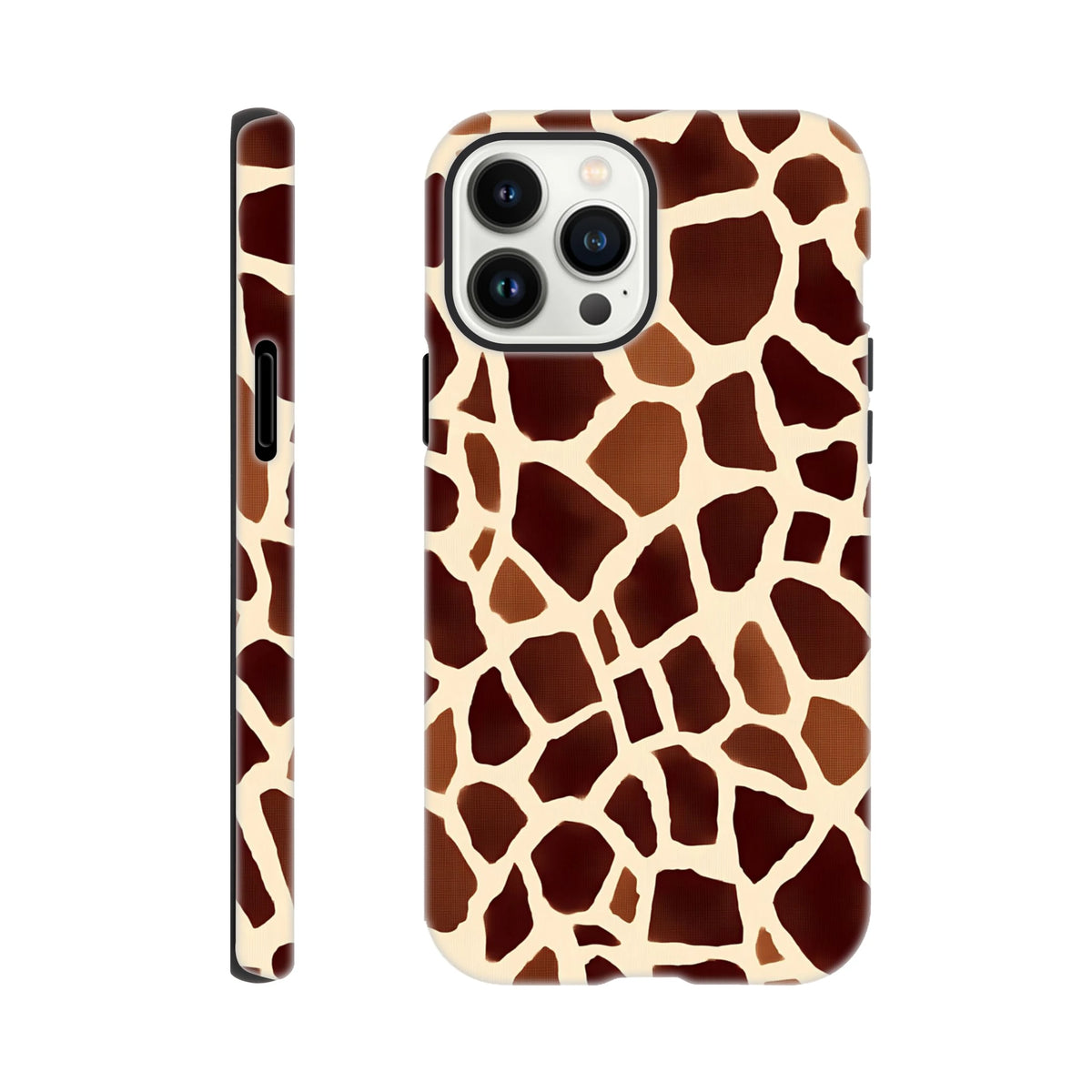 Tough iPhone case featuring a bold giraffe print safari animal pattern, wrapping cleanly around edges for wild streetwear style.
