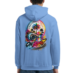 Light blue On Boost car hoodie for men featuring a vibrant back graphic with a turbocharger, palm trees, and retro streetwear design.