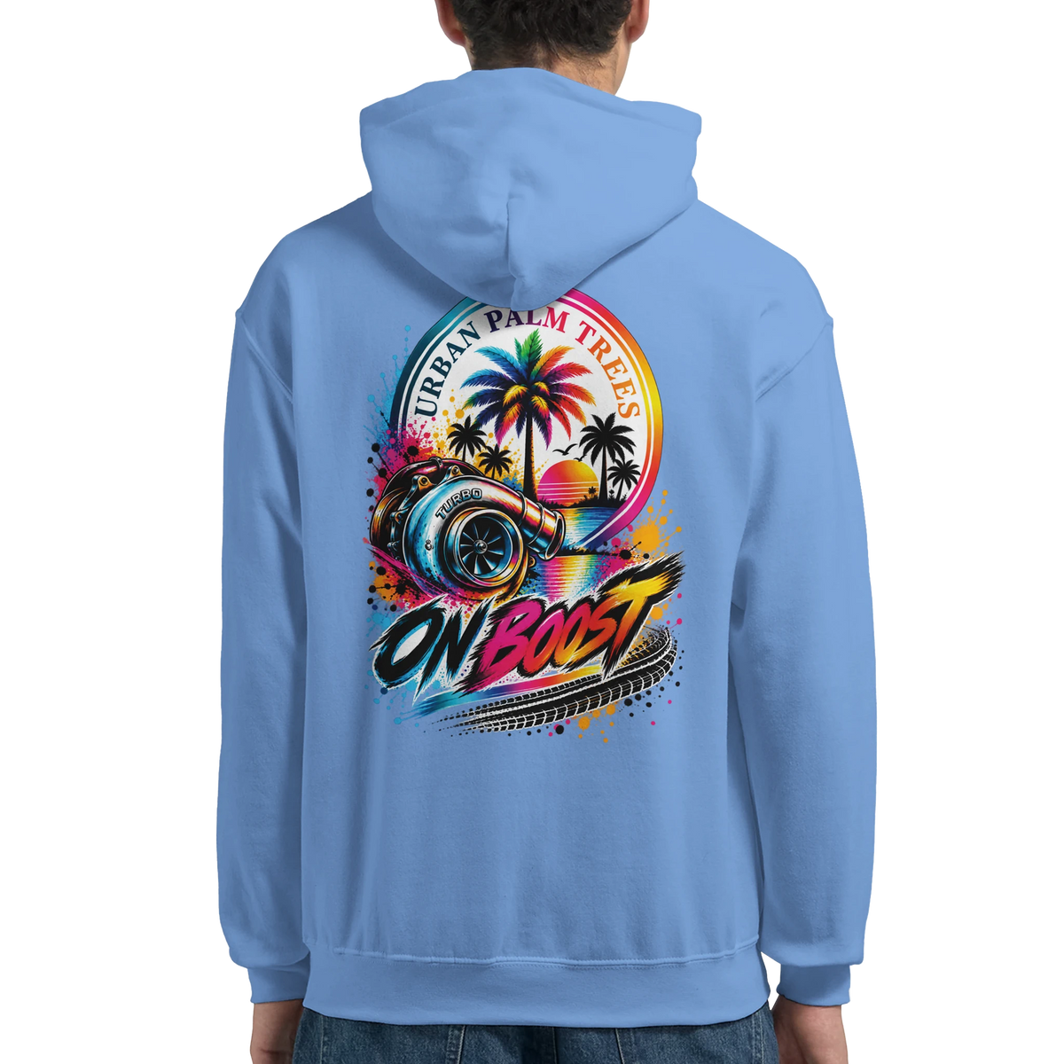 Light blue On Boost car hoodie for men featuring a vibrant back graphic with a turbocharger, palm trees, and retro streetwear design.