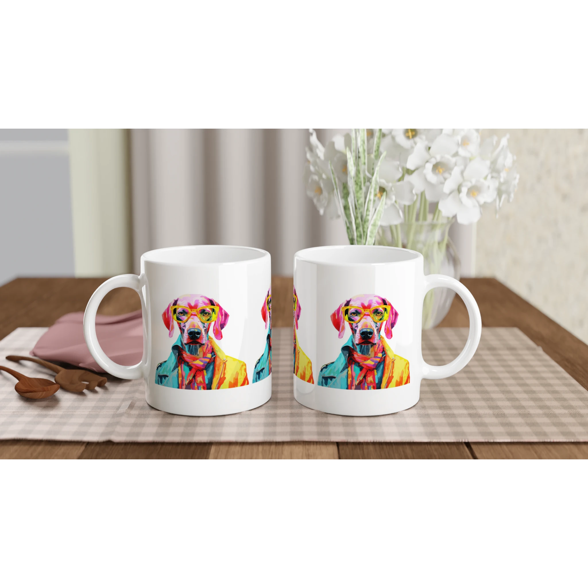Two white ceramic mugs feature vibrant dog portraits wearing glasses on a plaid placemat.