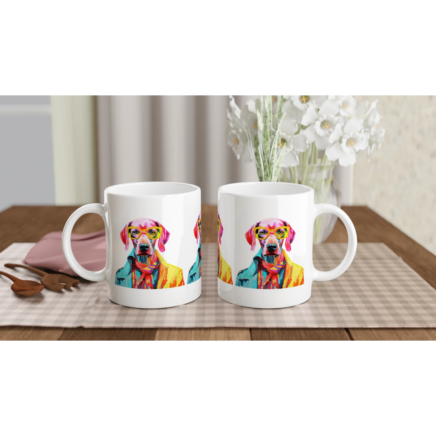 Two white ceramic mugs feature vibrant dog portraits wearing glasses on a plaid placemat.