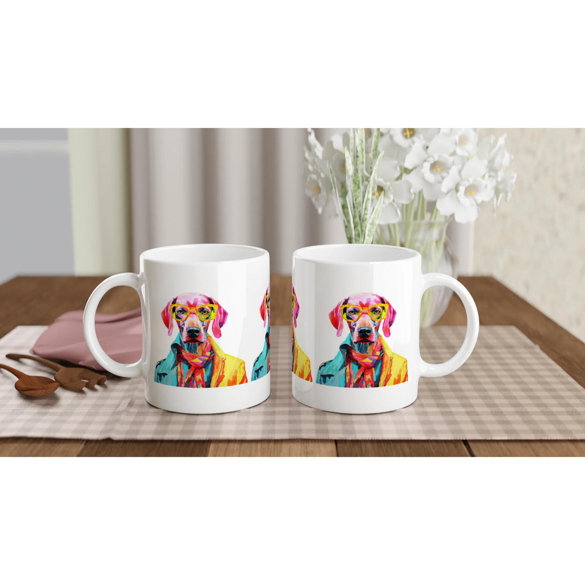 Two white ceramic mugs feature vibrant dog portraits wearing glasses on a plaid placemat.