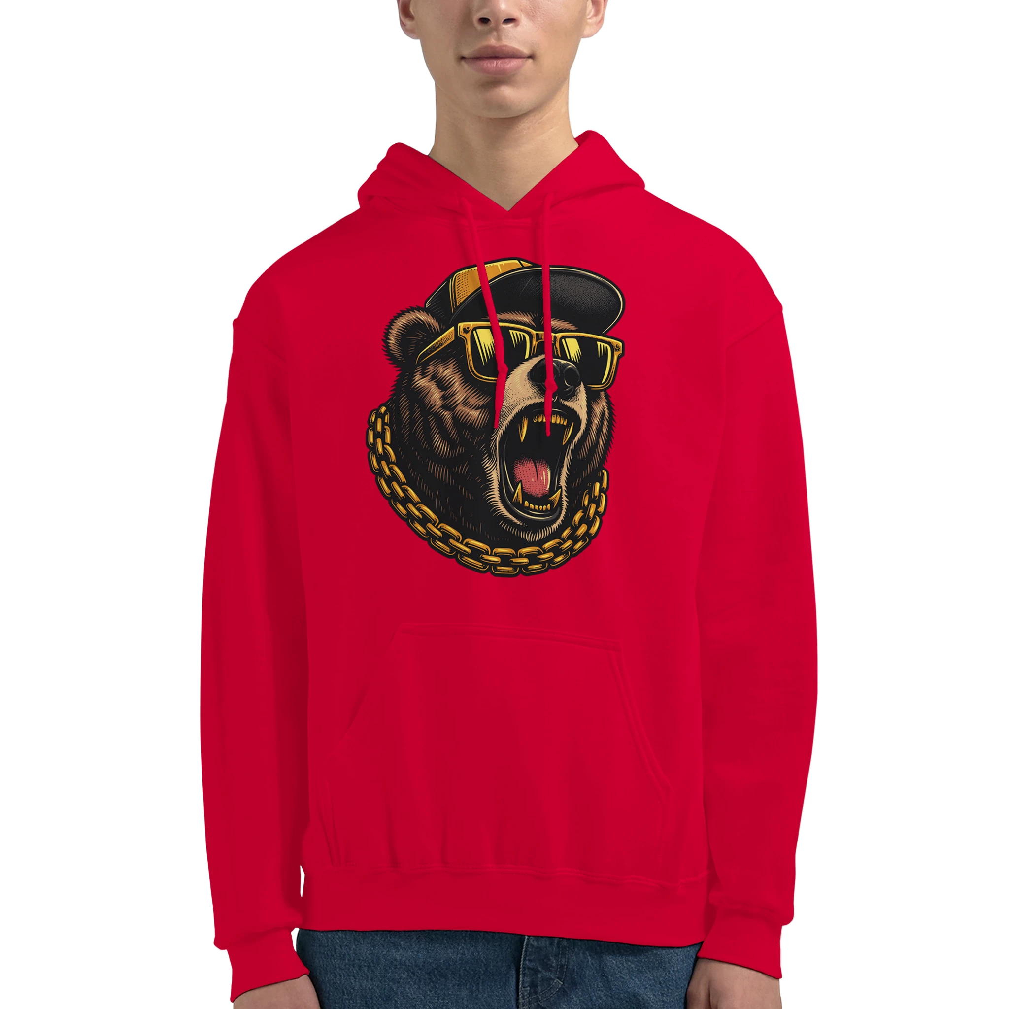 Red men's hoodie with soft cotton blend and a bold grizzly bear graphic wearing sunglasses and a gold chain.