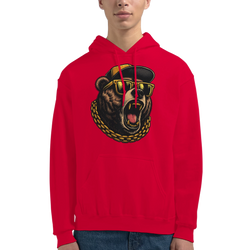 Red men's hoodie with soft cotton blend and a bold grizzly bear graphic wearing sunglasses and a gold chain.