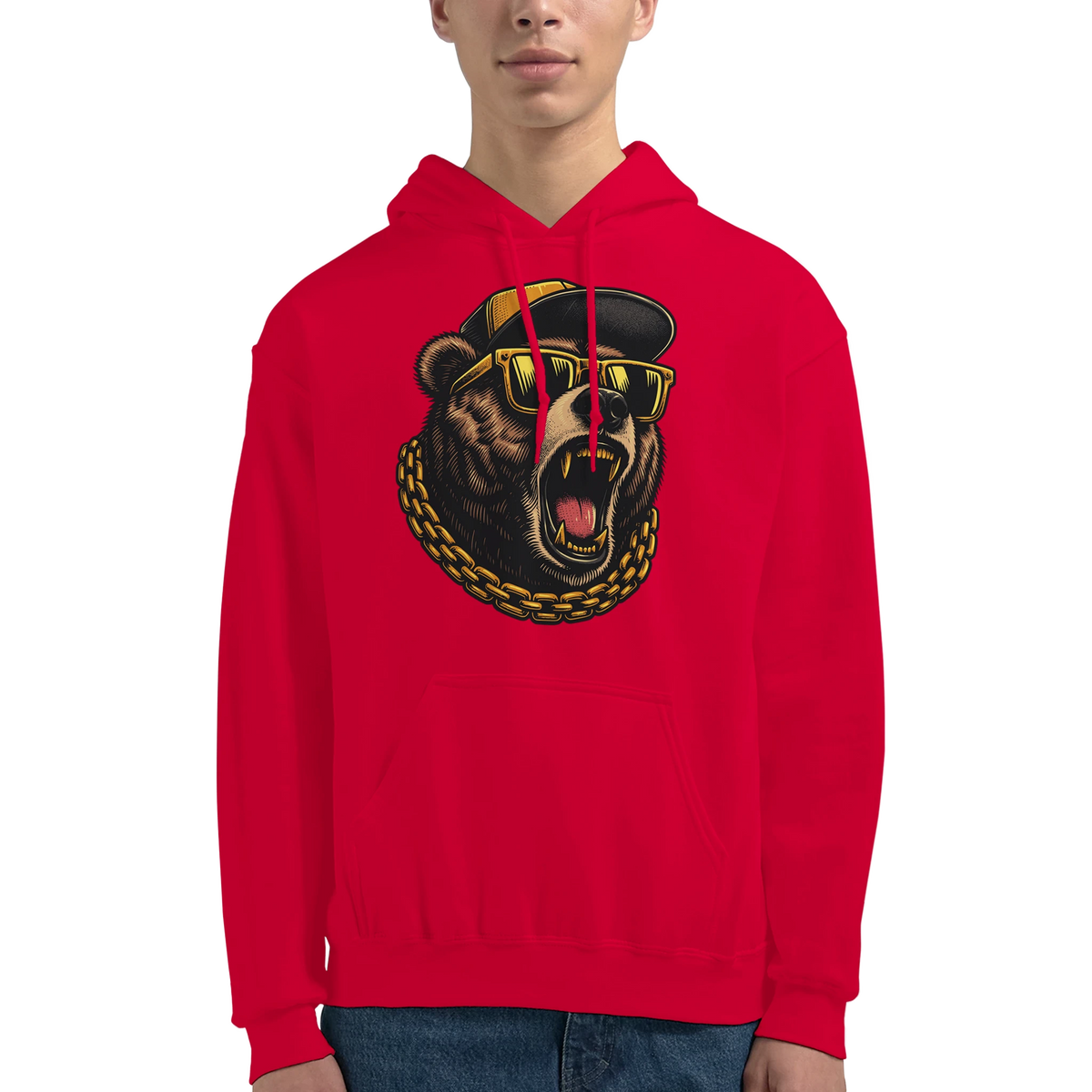 Red men's hoodie with soft cotton blend and a bold grizzly bear graphic wearing sunglasses and a gold chain.