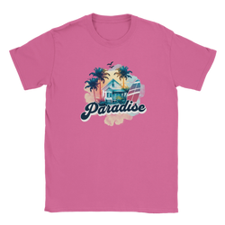 Pink women's Retro Paradise T-shirt with palm trees, surfboard, and tropical house graphic.