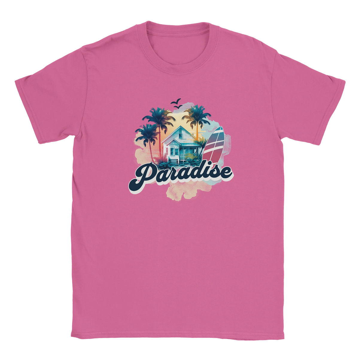 Pink women's Retro Paradise T-shirt with palm trees, surfboard, and tropical house graphic.