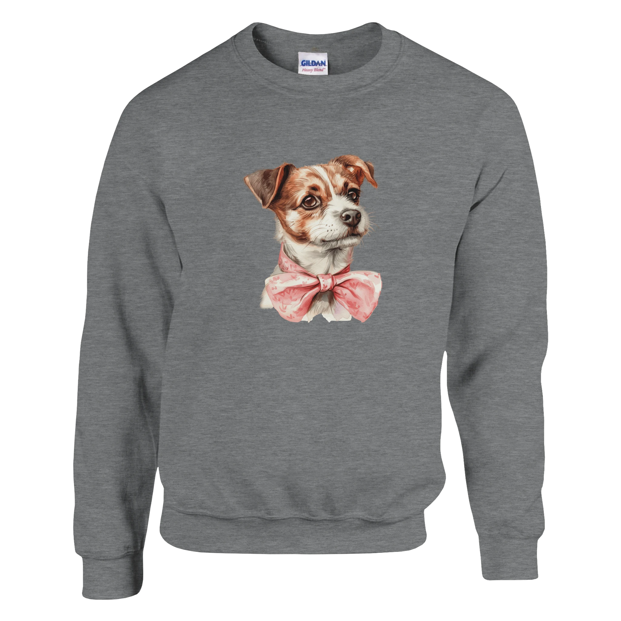 Gray Gildan 18000 classic unisex crewneck sweatshirt with a dog wearing a pink bow tie.