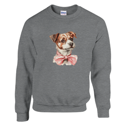 Gray Gildan 18000 classic unisex crewneck sweatshirt with a dog wearing a pink bow tie.