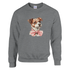 Gray Gildan 18000 classic unisex crewneck sweatshirt with a dog wearing a pink bow tie.