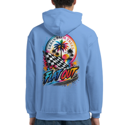 Blue men's hoodie featuring retro "Flat Out" graphic with checkered flag, palm trees, and sunset for petrolhead streetwear.