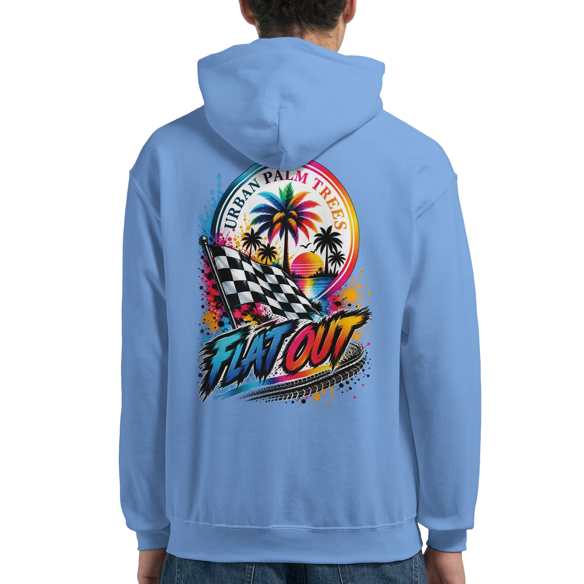 Blue men's hoodie featuring retro "Flat Out" graphic with checkered flag, palm trees, and sunset for petrolhead streetwear.