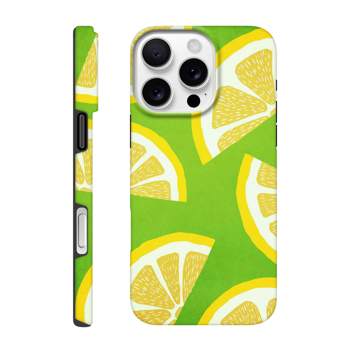 Green iPhone case featuring a bold yellow lemon slice pattern. Shock-absorbing citrus fruit phone cover for urban protection.
